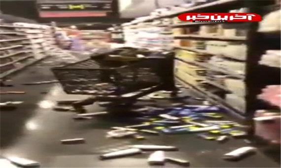 وضعیت یک فروشگاه در لبنان پس از احساس زلزله‌ی ترکیه